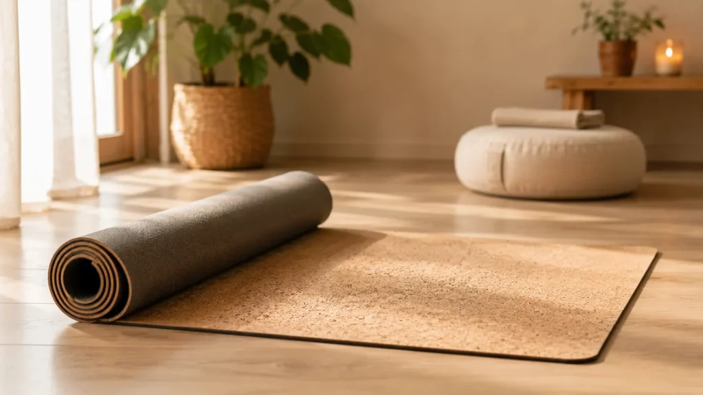 Tapis de yoga en liège déroulé dans un espace de pratique lumineux avec un coussin de méditation et une plante, illustrant un environnement calme pour débuter le yoga.