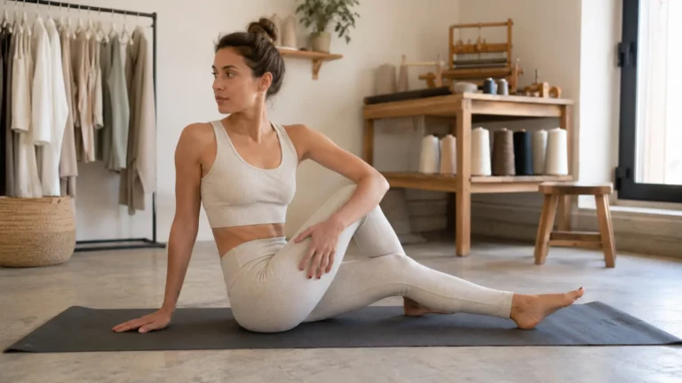 Tenue de yoga éthique en coton biologique portée dans un studio de yoga lumineux, illustrant des vêtements durables fabriqués avec des matières responsables.