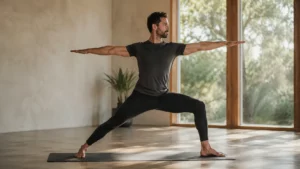 Homme pratiquant la posture du Guerrier II dans un studio de yoga lumineux, portant une tenue de yoga masculine ajustée avec legging noir et tee-shirt technique, pieds nus sur un tapis de yoga.