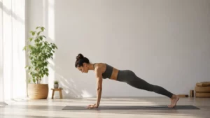 Muscler ses bras grâce au yoga : les postures qui font vraiment la différence Femme pratiquant la posture de la planche sur un tapis de yoga dans un studio lumineux afin de renforcer les bras, les épaules et le gainage.