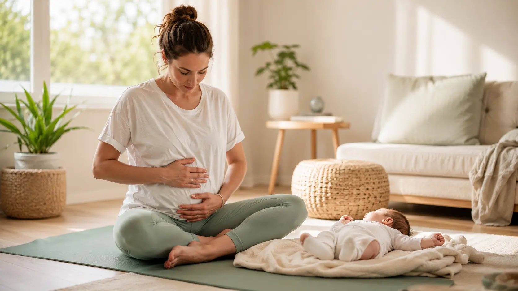 Jeune mère pratiquant un exercice de respiration et un léger étirement sur un tapis de yoga après l'accouchement, avec son bébé allongé à côté d'elle dans un salon lumineux et apaisant.