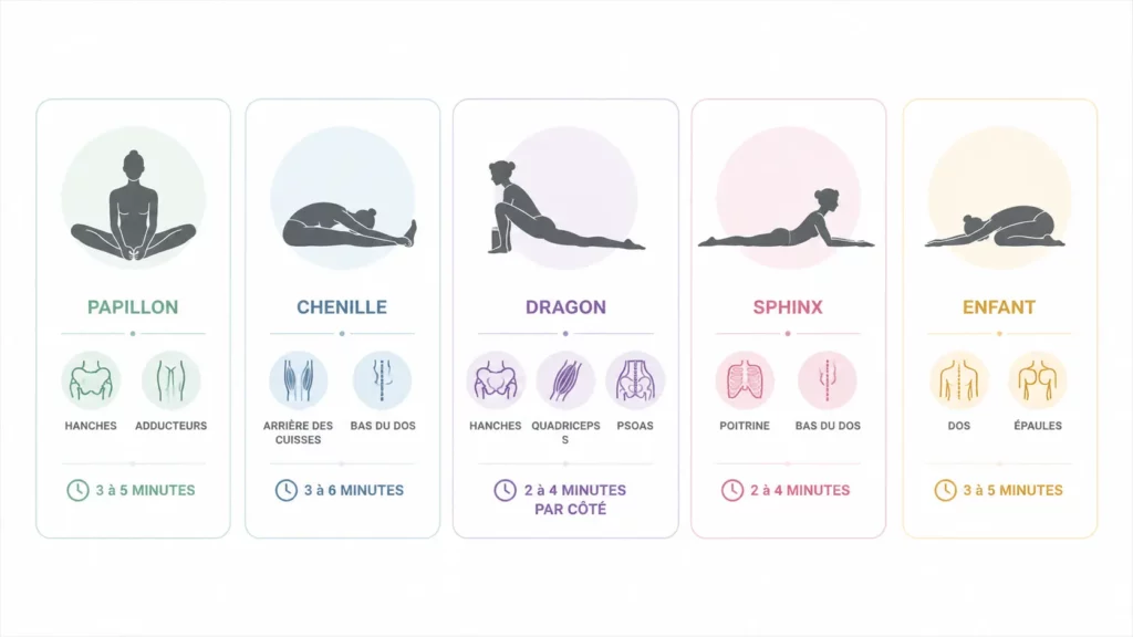 Infographie présentant cinq postures de base du Yin Yoga (Papillon, Chenille, Dragon, Sphinx et Enfant) avec les principales zones du corps sollicitées et leur durée de maintien recommandée.