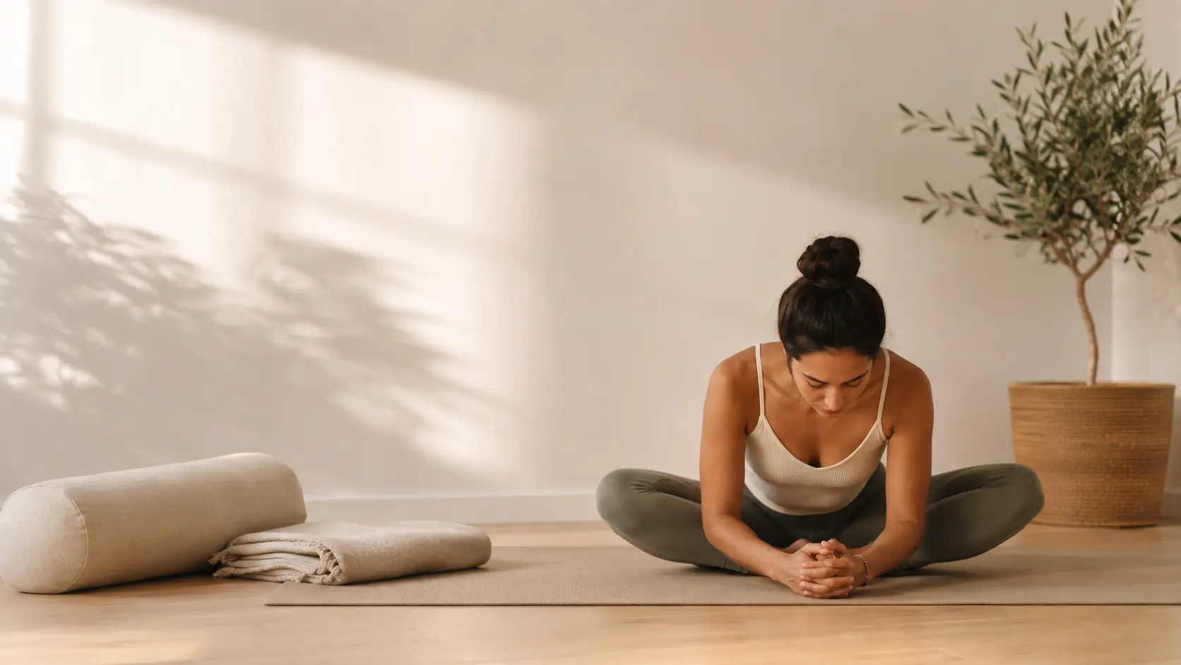 Débutante pratiquant la posture du papillon en Yin Yoga dans une pièce lumineuse avec bolster et accessoires de yoga, ambiance calme et relaxante.