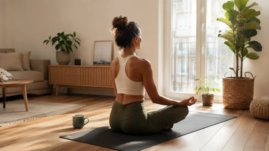Jeune femme méditant chez elle le matin pour prolonger les bienfaits de sa retraite yoga après son retour du Maroc.