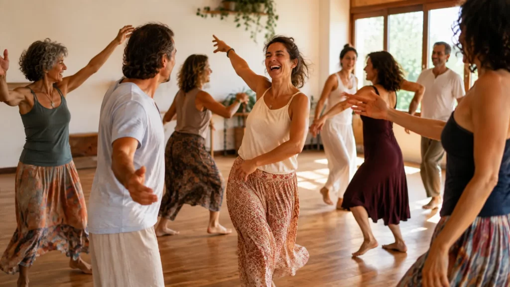 Groupe d’adultes participant à une séance de biodanza, avec mouvements spontanés, joie et connexion entre les participants.