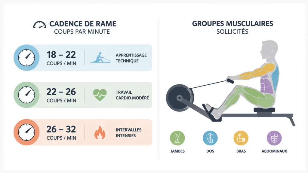 Infographie présentant les cadences recommandées sur rameur (18 à 32 coups par minute) et les principaux groupes musculaires sollicités : jambes, dos, bras et abdominaux.