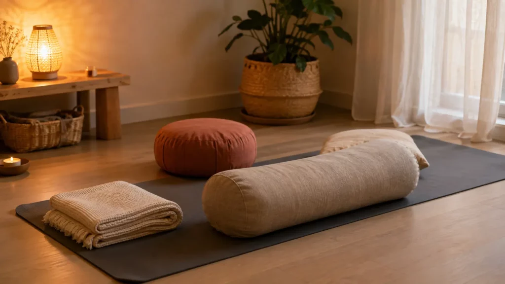 Coin de pratique du Yin Yoga aménagé à la maison avec un tapis de yoga, un bolster, des coussins et une couverture dans une ambiance chaleureuse et apaisante.