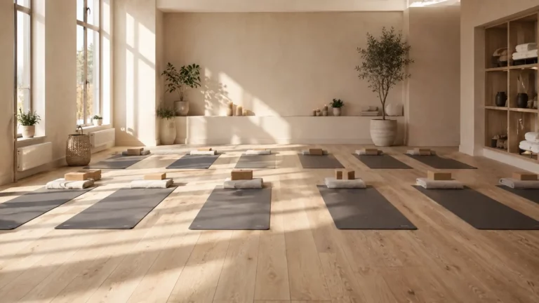 Salle de yoga lumineuse avec tapis alignés, illustrant le parcours et le temps nécessaire pour devenir professeur de yoga.