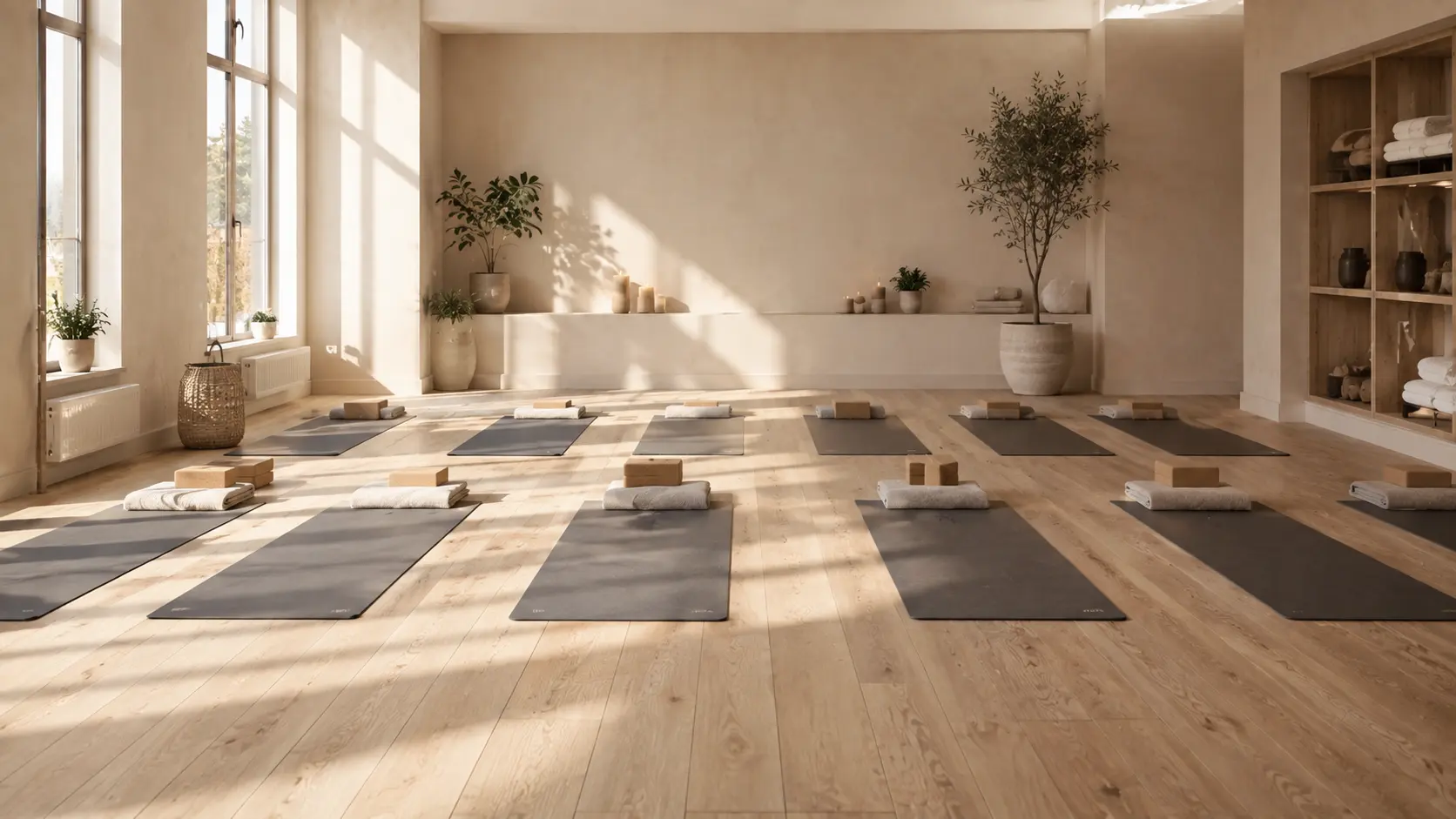 Salle de yoga lumineuse avec tapis alignés, illustrant le parcours et le temps nécessaire pour devenir professeur de yoga.