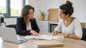 Conseillère France Travail accompagnant une personne en reconversion professionnelle vers le métier de professeur de yoga.