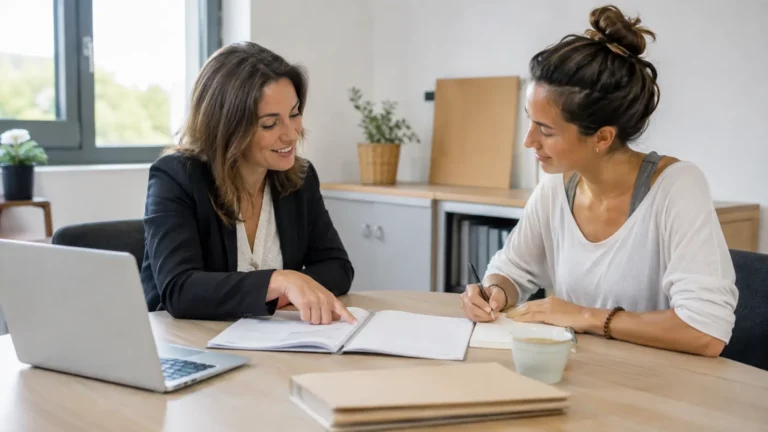 Conseillère France Travail accompagnant une personne en reconversion professionnelle vers le métier de professeur de yoga.