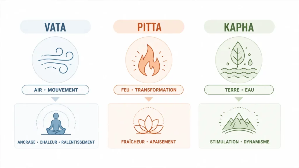 Infographie des trois doshas ayurvédiques Vata, Pitta et Kapha et des effets recherchés par le massage abhyanga.