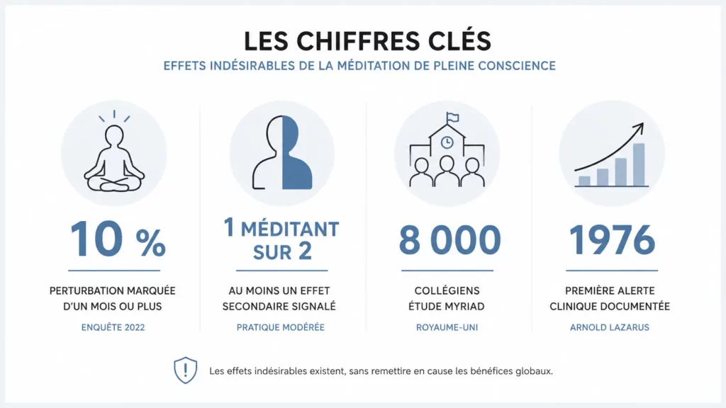 Infographie présentant les chiffres clés sur les effets indésirables de la méditation de pleine conscience et les études associées.