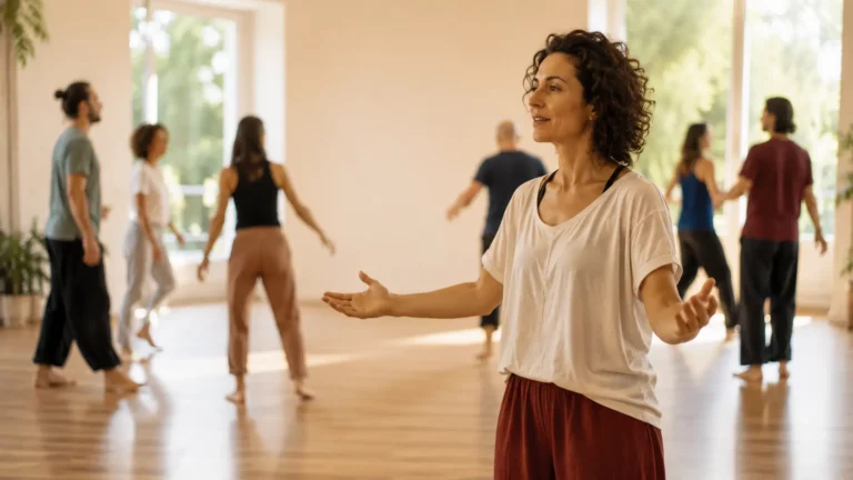 Facilitatrice de Biodanza guidant un groupe d’adultes en mouvement dans un studio lumineux.