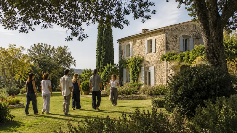 Groupe d’adultes en formation de facilitateur Biodanza dans le parc d’une maison en pierre entourée de verdure.