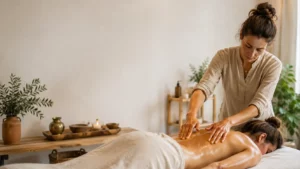 Massage abhyanga à l’huile chaude pratiqué dans le cadre d’une formation au massage ayurvédique.