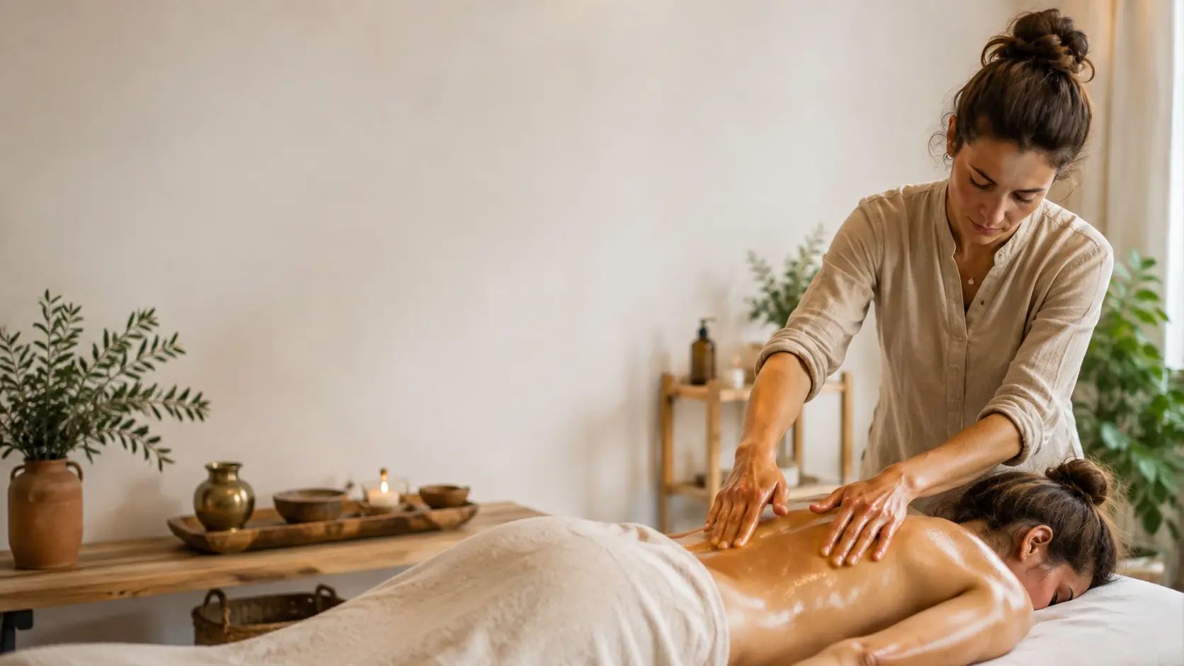 Massage abhyanga à l’huile chaude pratiqué dans le cadre d’une formation au massage ayurvédique.