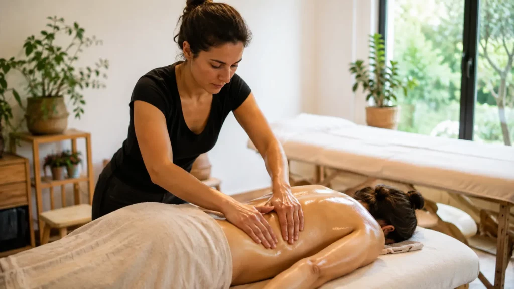 Praticienne en formation réalisant un massage abhyanga à l’huile chaude sur un modèle en salle de formation.