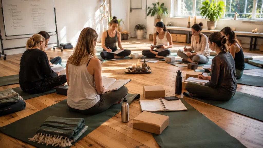 Groupe de pratiquants étudiant sur leurs tapis avec carnets de notes pendant une formation de yoga de 200 heures.
