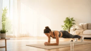 Exercice fitness à la maison : la méthode pour progresser sans matériel Femme réalisant un exercice de gainage sur les avant-bras à la maison, sur un tapis dans un salon lumineux.