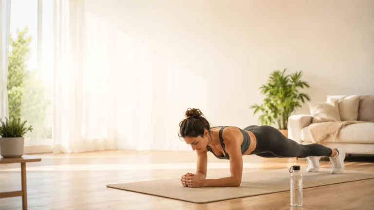 Femme réalisant un exercice de gainage sur les avant-bras à la maison, sur un tapis dans un salon lumineux.