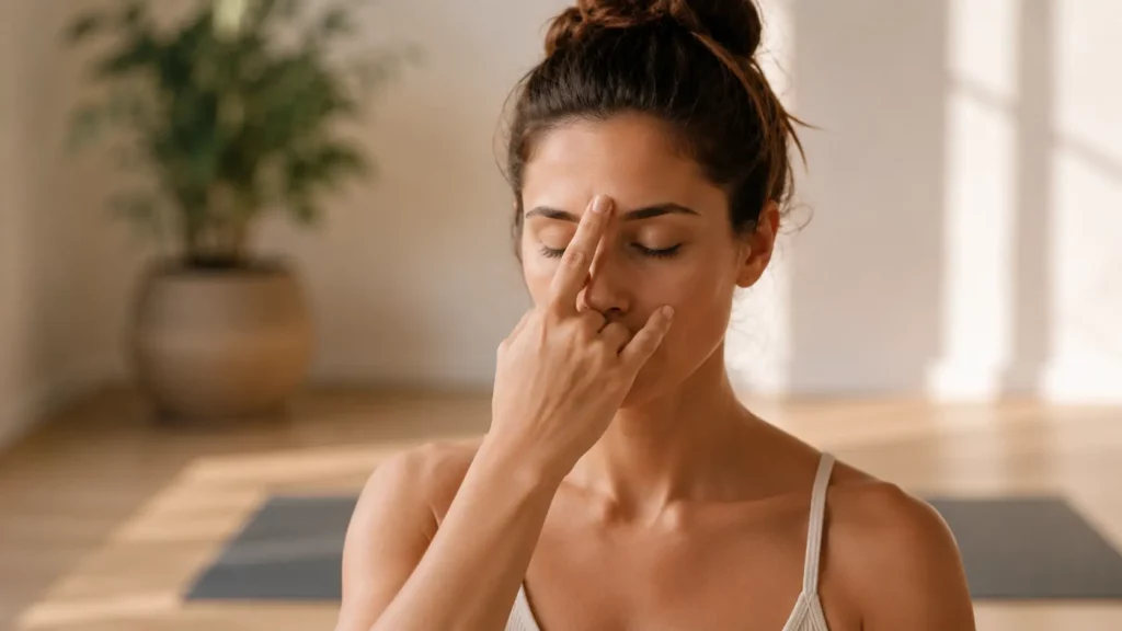 Pratiquante de yoga réalisant la technique de respiration alternée Nadi Shodhana avec la main en mudra devant le visage dans un studio lumineux et apaisant.
