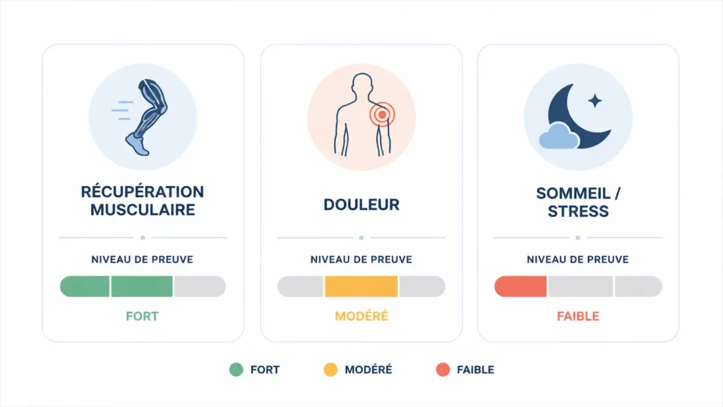Infographie comparant le niveau de preuve scientifique des principaux effets de la cryothérapie corps entier sur la récupération musculaire, la douleur et le sommeil.