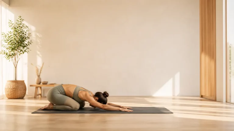 Débutante pratiquant une posture de yoga accessible sur un tapis dans un studio lumineux, illustrant les premiers pas vers une pratique du yoga sereine.