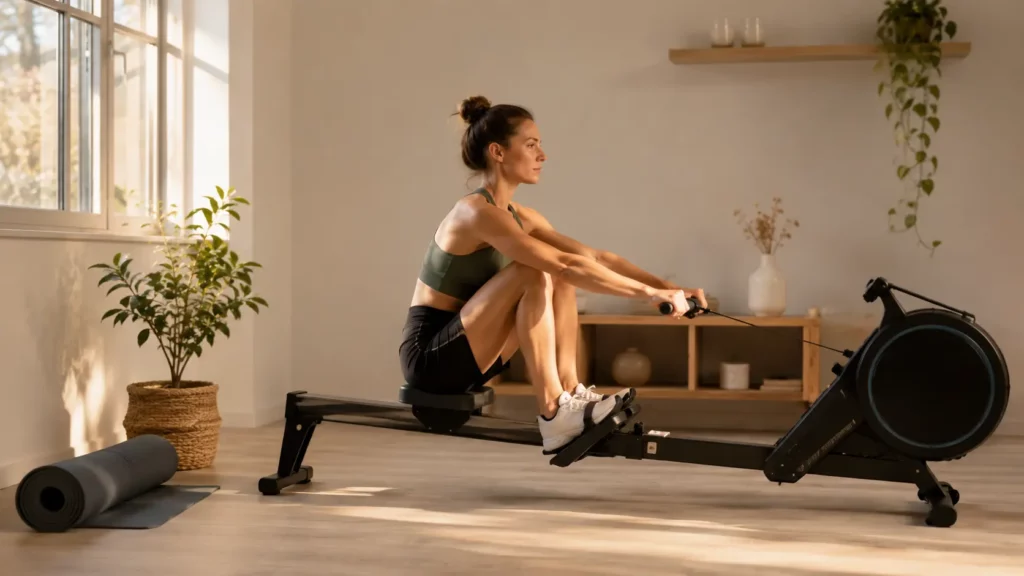 Personne en position de départ sur un rameur d'appartement dans un intérieur lumineux, avec un tapis de yoga roulé à proximité.