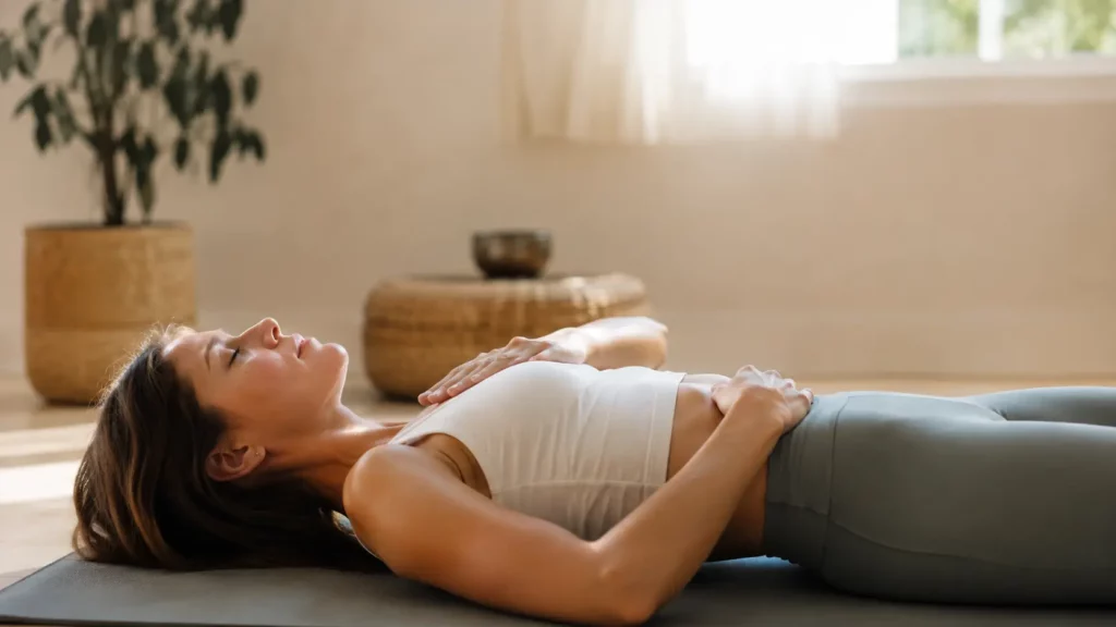 Jeune femme allongée sur un tapis de yoga, une main sur le ventre et l'autre sur la poitrine, pratiquant une respiration abdominale profonde dans un intérieur lumineux et apaisant.
