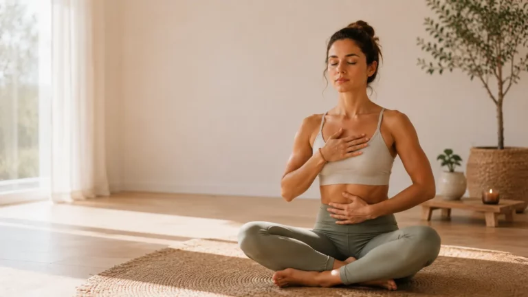 Jeune femme pratiquant une respiration abdominale consciente en position assise sur un tapis de yoga, une main sur le ventre et l'autre sur la poitrine, dans un intérieur lumineux et apaisant.