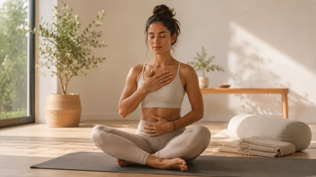 Pratiquante de yoga assise en tailleur, une main sur le ventre et l'autre sur la poitrine, observant sa respiration dans un studio lumineux.