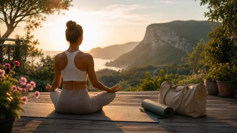 eune femme en méditation sur une terrasse au lever du jour lors d’une retraite yoga pour débutant.