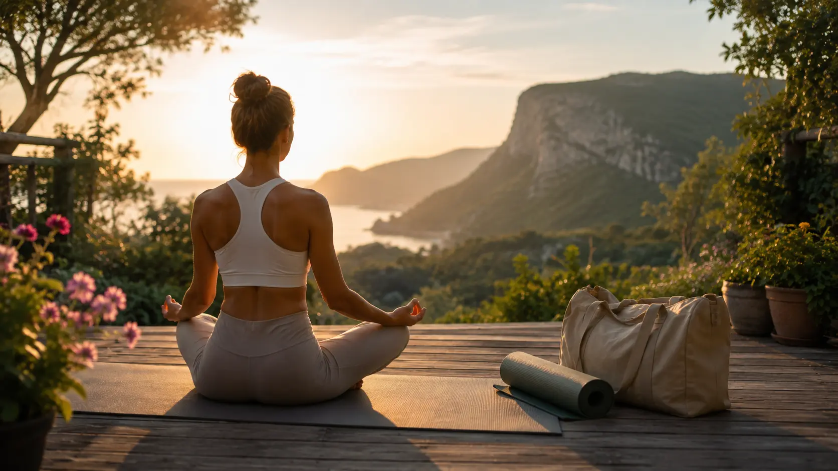 eune femme en méditation sur une terrasse au lever du jour lors d’une retraite yoga pour débutant.