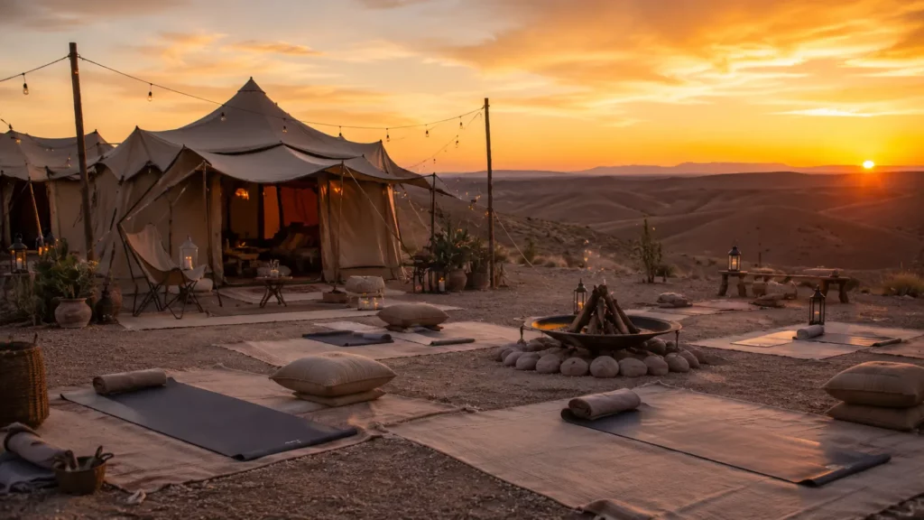 Bivouac dans le désert d’Agafay au coucher du soleil avec tapis de yoga installés face au paysage pour une retraite yoga au Maroc.