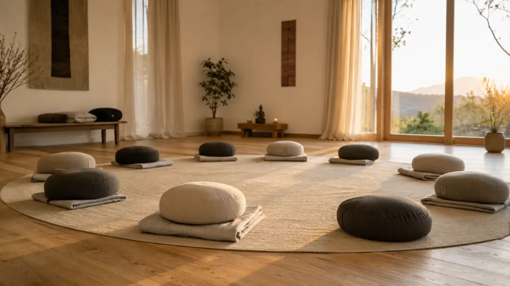 Salle de retraite de méditation avec coussins disposés en cercle, illustrant les situations pouvant favoriser des effets indésirables liés à une pratique intensive.
