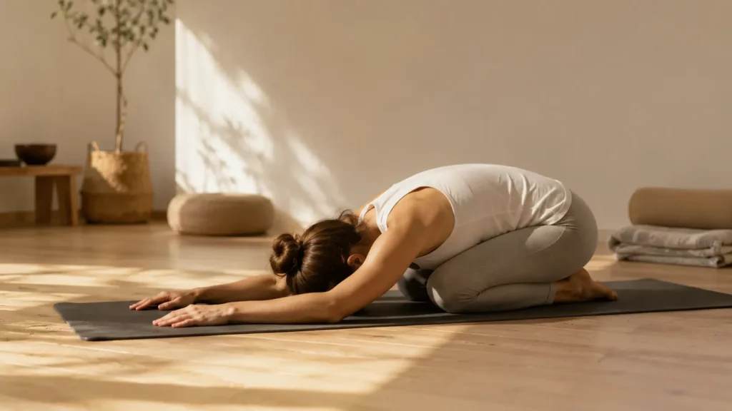 Pratiquante réalisant une posture de Yin Yoga dans une salle calme et lumineuse, avec tapis de yoga, bolster et ambiance propice à la relaxation.
