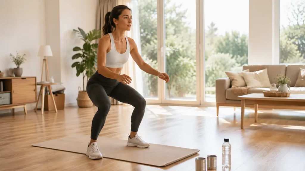Femme faisant du sport à la maison sur un tapis avec une bouteille d’eau et des boîtes de conserve comme poids.