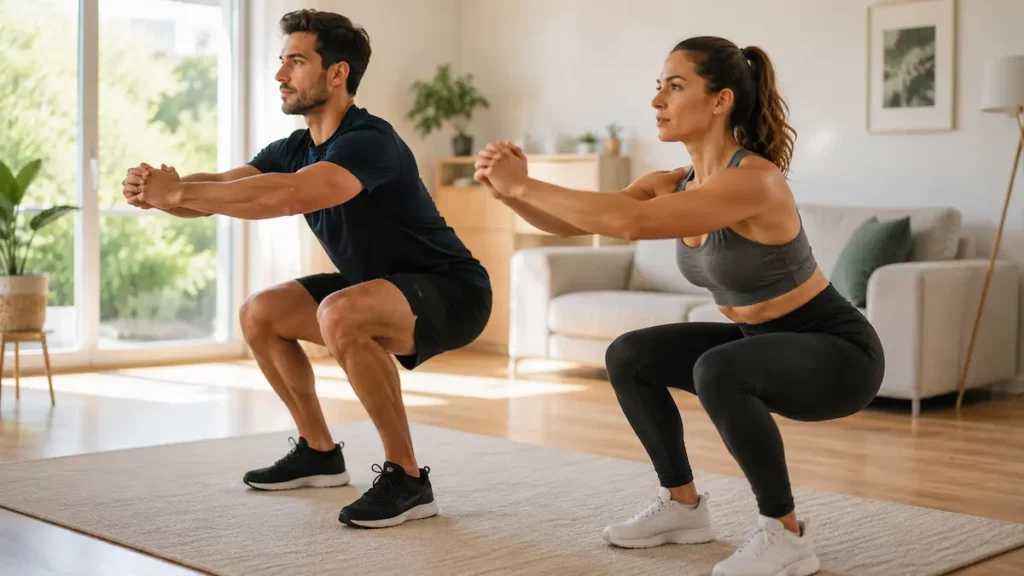 Homme et femme réalisant un squat au poids du corps avec une posture correcte dans un salon lumineux.