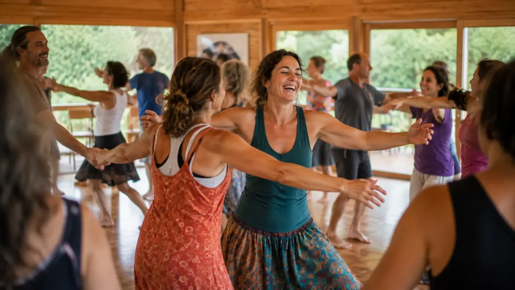 Groupe d’adultes participant à un stage de biodanza, dansant ensemble dans une ambiance de confiance, de joie et de lâcher-prise.