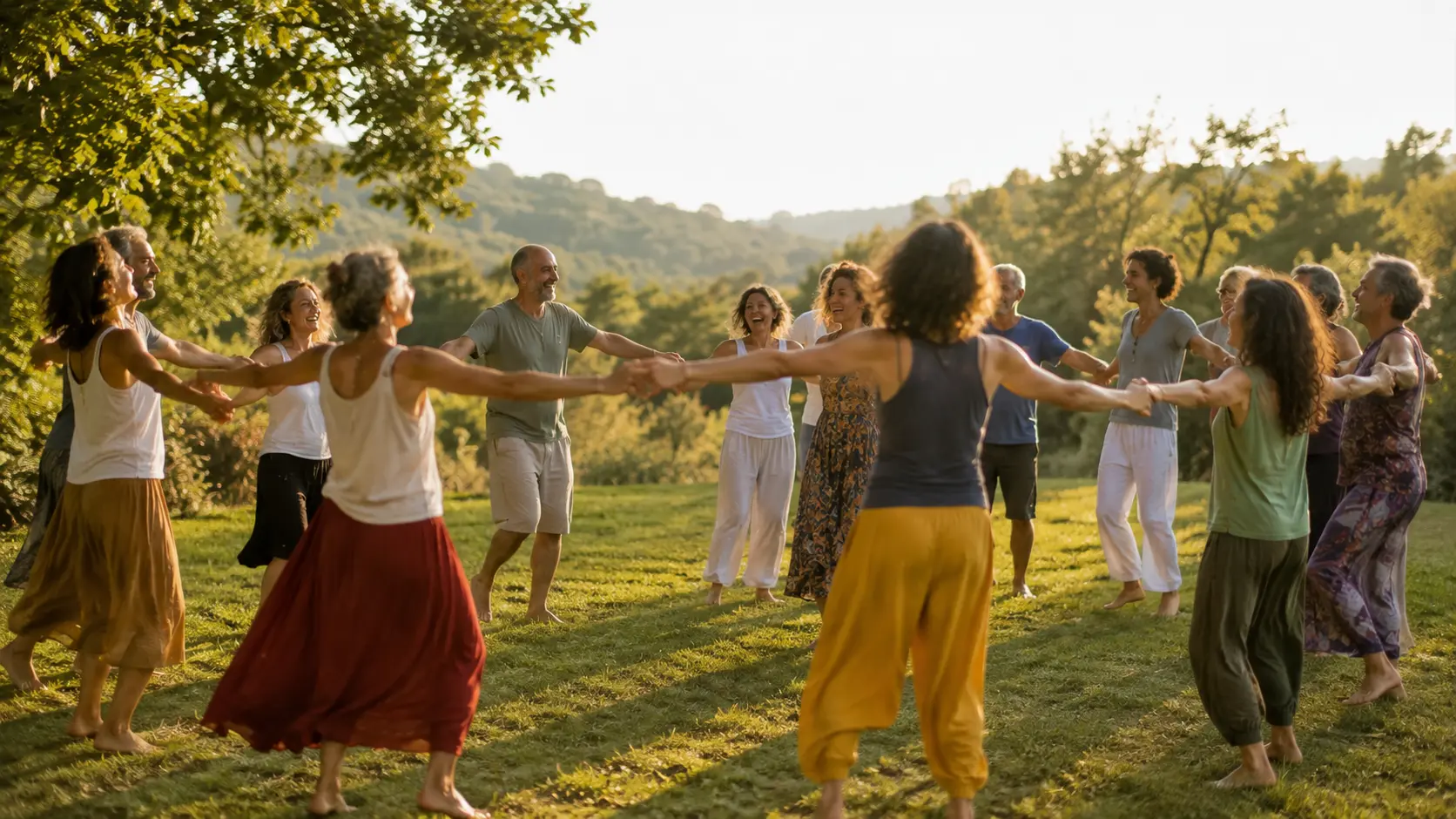 Groupe d’adultes participant à un stage de biodanza en pleine nature, dansant en cercle dans une ambiance de joie, de connexion et de liberté.