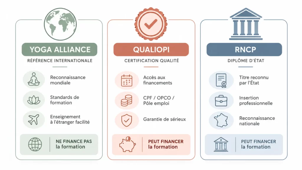Comparatif Yoga Alliance, Qualiopi et RNCP pour comprendre la reconnaissance et le financement d’une formation de professeur de yoga.