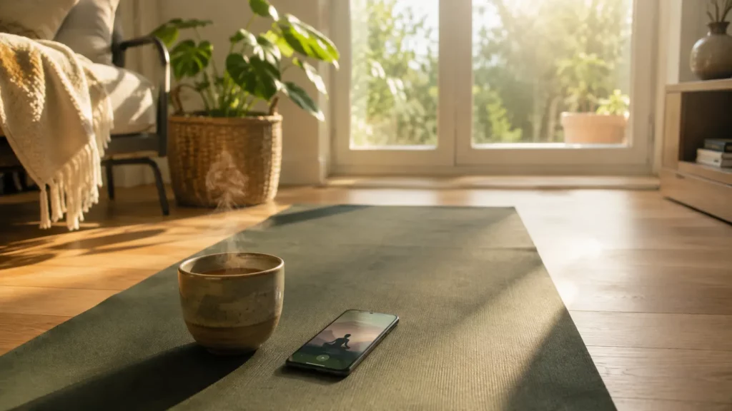 Tapis de yoga déroulé dans un salon lumineux le matin, avec une tasse de thé et un smartphone affichant une séance de méditation.