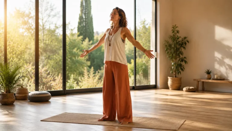 Femme pratiquant un mouvement d’ouverture inspiré du yoga dans un studio lumineux et apaisant.