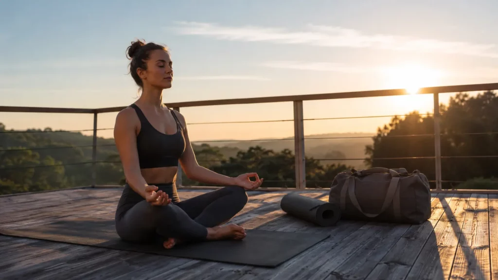 eune femme pratiquant le yoga en tailleur sur une terrasse en bois au lever du soleil, avec sac de voyage et tapis roulé.