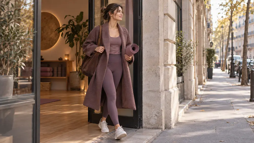 Femme sortant d’un studio de yoga avec son tapis, en tenue lifestyle et manteau ample