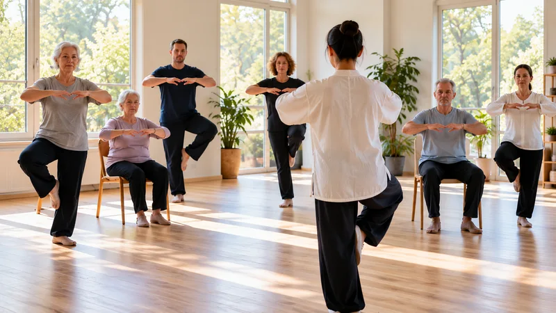 Cours collectif de qi gong dans une salle lumineuse, avec des adultes pratiquant debout ou assis sous la conduite d'une enseignante.
