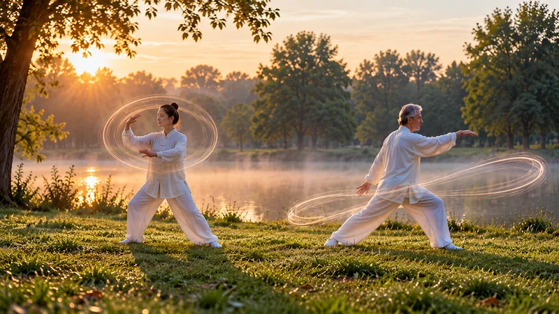 Deux pratiquants dans un parc au lever du soleil illustrant la répétition circulaire du qi gong et les enchaînements du tai chi.