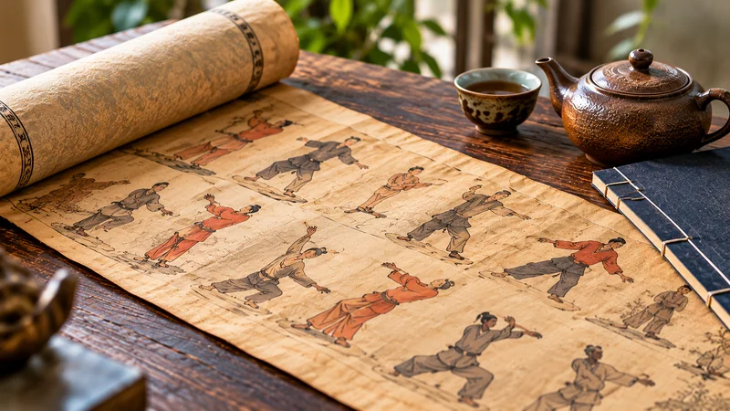 Rouleau chinois ancien illustrant des postures traditionnelles, accompagné d'un livre relié et d'une théière en grès.