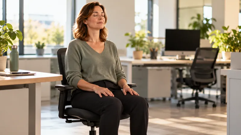Femme assise sur une chaise de bureau, les yeux fermés et les mains sur les cuisses, pratiquant un exercice de relaxation.